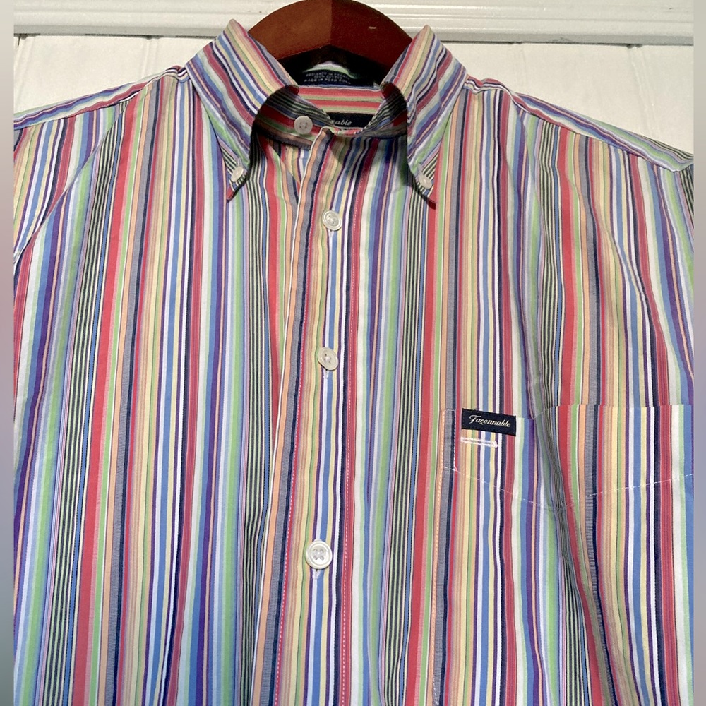 Faconnable collared shirt, colorful stripes, vintage feel, tailored, Men’s sz M.